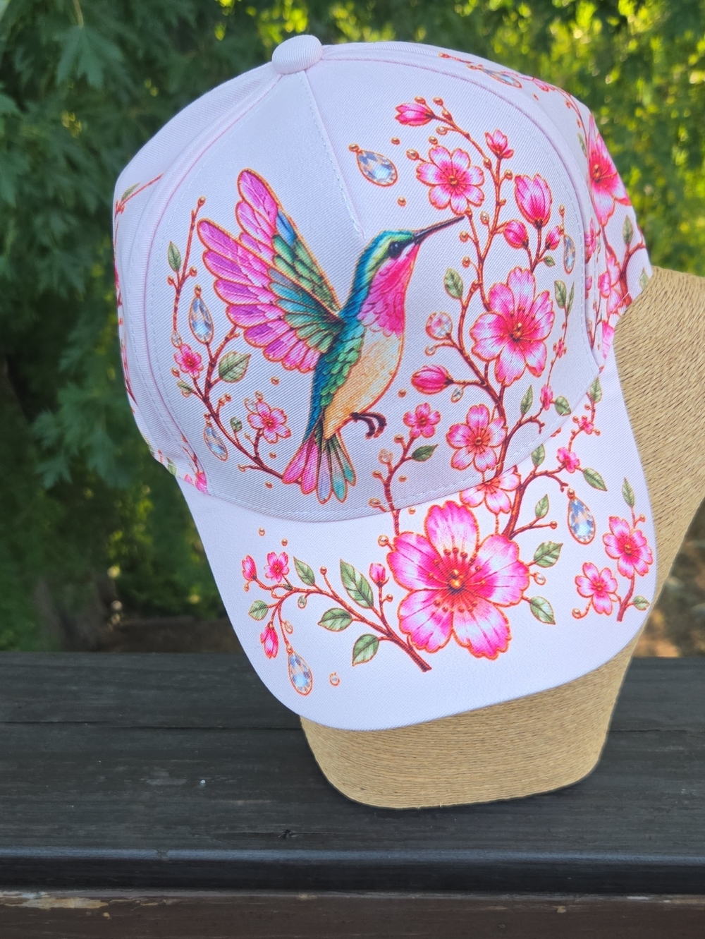 Pink Floral Hummingbird Baseball Cap